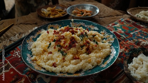 Kao Cluk Ka Pi Thai dish featuring mixed cooked rice with shrimp paste and vegetables as a healthy dining option photo