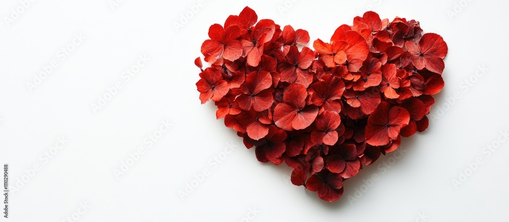 Red flower petals arranged in a heart shape on a clean white background symbolizing love and romance for creative design projects. Red flower petals arranged in a heart shape on a clean white background symbolizing love and romance for creative design projects.
