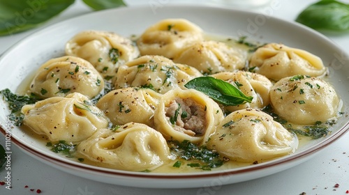 Traditional Russian Pelmeni Dumplings served in a white plate topped with herbs and spices on a clean white background