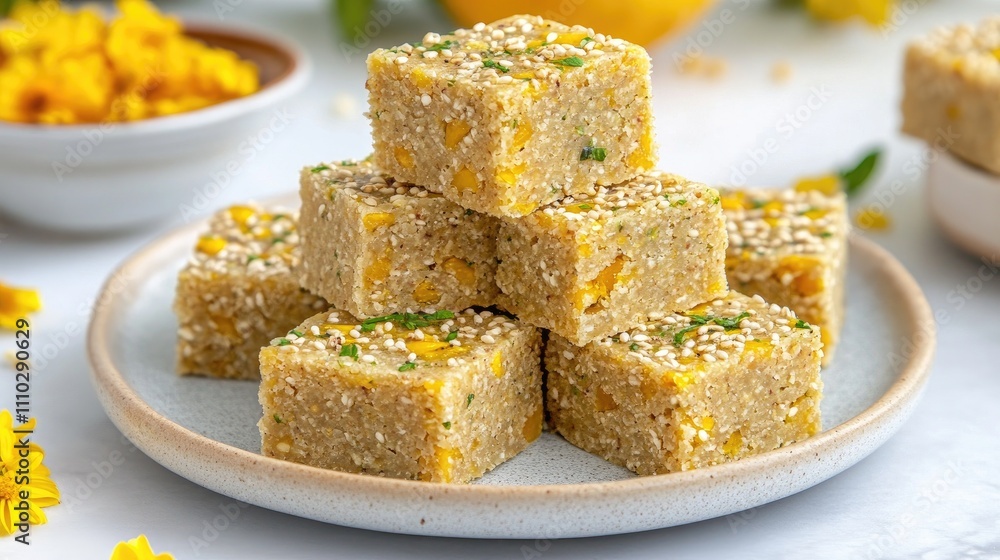 Dried Mango Cake Squares with Sesame Topping and Garnish in Natural Setting Dried Mango Cake Squares with Sesame Topping and Garnish in Natural Setting