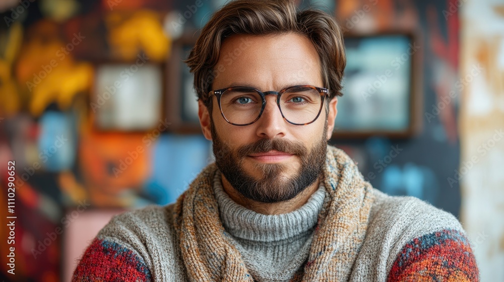 Man wearing glasses and a cozy sweater posing with a picture frame in a colorful, artistic cafe setting Man wearing glasses and a cozy sweater posing with a picture frame in a colorful, artistic cafe setting