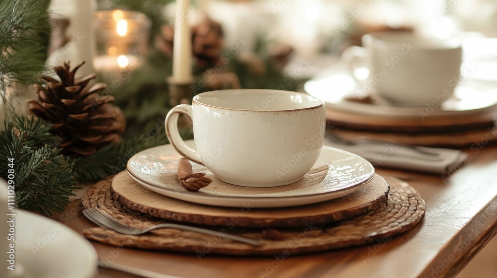 Cozy Winter Table Setting with Cup and Pinecones Cozy Winter Table Setting with Cup and Pinecones