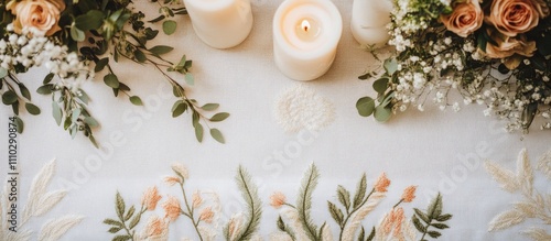 Wallpaper Mural Elegant wedding accessories featuring candles, boutonnieres, and floral arrangements arranged on an embroidered towel for a romantic setting. Torontodigital.ca