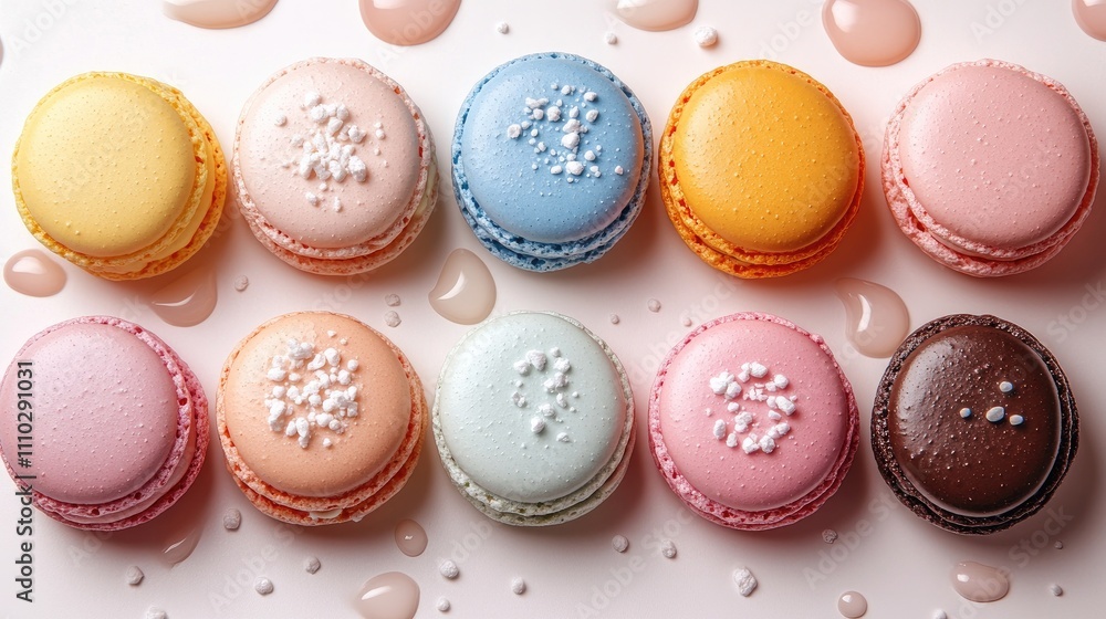 Colorful macarons arranged on a white background with droplets, showcasing a variety of flavors and an empty space for text or design. Colorful macarons arranged on a white background with droplets, showcasing a variety of flavors and an empty space for text or design.