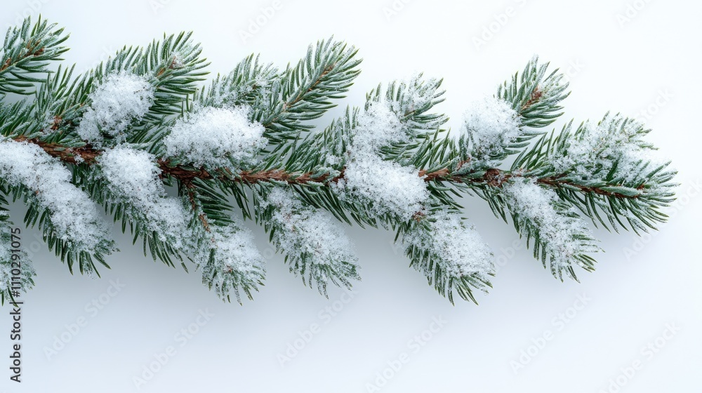 Snow-covered pine branches on a white background for seasonal decoration and winter-themed design concepts Snow-covered pine branches on a white background for seasonal decoration and winter-themed design concepts