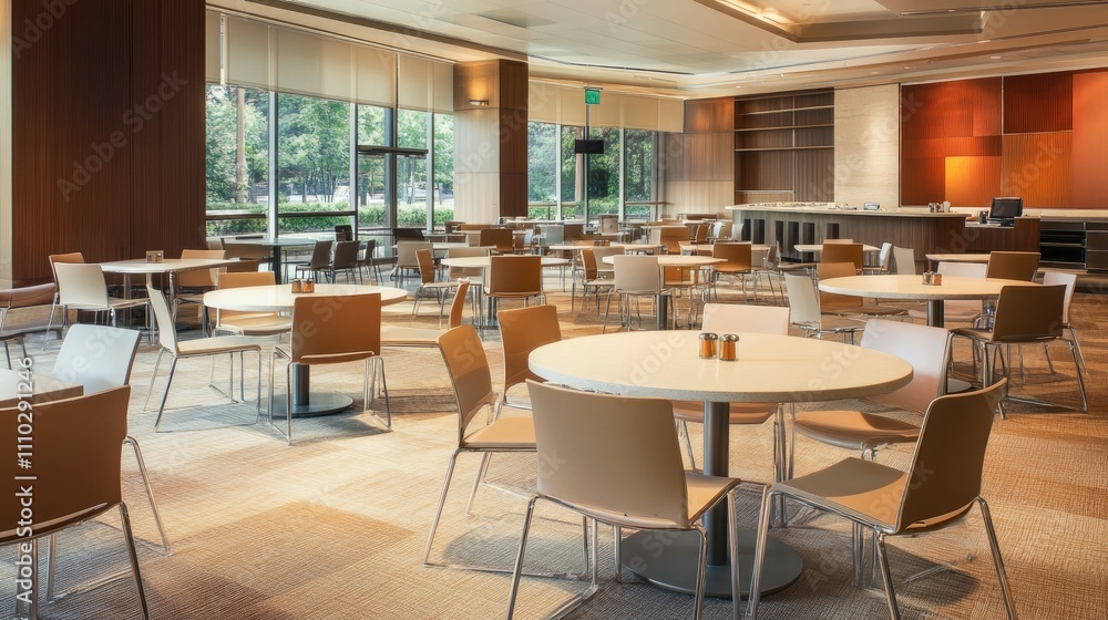 Open-plan meeting area with modular beige stone-finish tables, adjustable chairs, and a contemporary, airy ambiance Open-plan meeting area with modular beige stone-finish tables, adjustable chairs, and a contemporary, airy ambiance