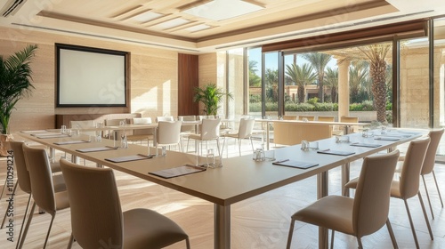 Open-plan meeting area with modular beige stone-finish tables, adjustable chairs, and a contemporary, airy ambiance