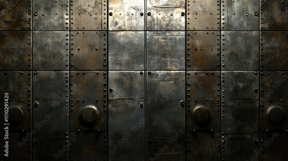 Fototapeta premium Rusty zinc roof texture with weathered metal panels and bolts creating an industrial backdrop for design and architectural projects