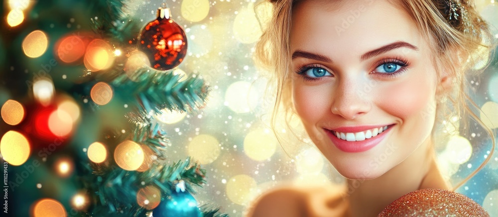 Young woman smiling cheerfully with a Christmas tree adorned with colorful ornaments and warm bokeh lights during the festive season Young woman smiling cheerfully with a Christmas tree adorned with colorful ornaments and warm bokeh lights during the festive season