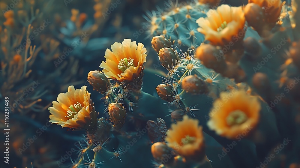 Naklejka premium Cactus Blossoms Blooming In Desert Sunlight