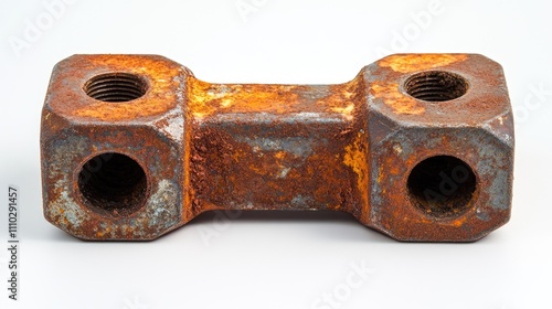 Corroded metal nut with rust detail isolated on a white background for industrial and mechanical design concepts