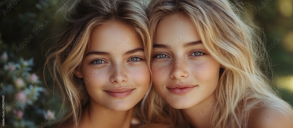 Joyful sisters sharing a tender moment in a lush garden with warm smiles and affectionate hugs celebrating their bond and togetherness. Joyful sisters sharing a tender moment in a lush garden with warm smiles and affectionate hugs celebrating their bond and togetherness.