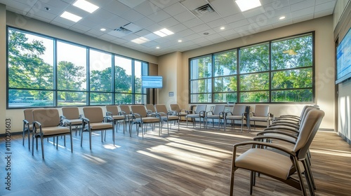 Professional meeting space with rows of modern chairs, neutral-toned walls, and a spacious design enhanced by large windows