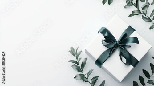 Elegant white gift box with a dark green ribbon, surrounded by green leaves on a soft white background, perfect for holidays, celebrations, gifting, and special occasions.