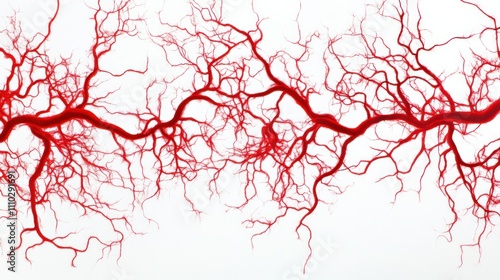 Microscopic view of blood vessels, capillaries branching on a plain white background, vibrant red detail