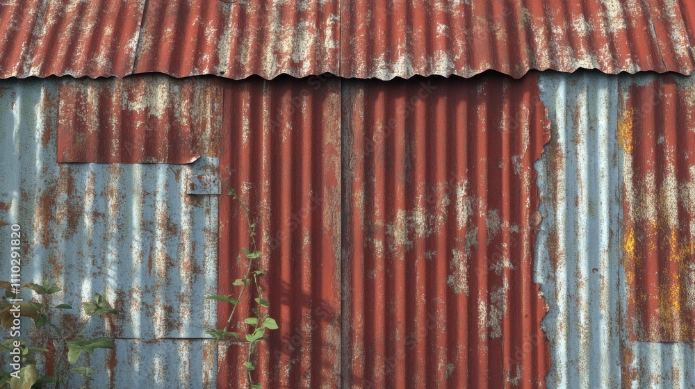 Textured corrugated metal sheets with red and blue paint peeling against a rustic backdrop showcasing weathered layers and industrial charm Textured corrugated metal sheets with red and blue paint peeling against a rustic backdrop showcasing weathered layers and industrial charm