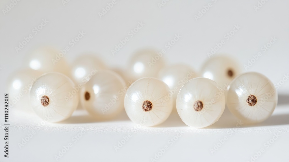 Translucent white currants arranged against a clean white background, showcasing their round shape and subtle sheen, food photography, healthy eating, fresh fruit. Translucent white currants arranged against a clean white background, showcasing their round shape and subtle sheen, food photography, healthy eating, fresh fruit.