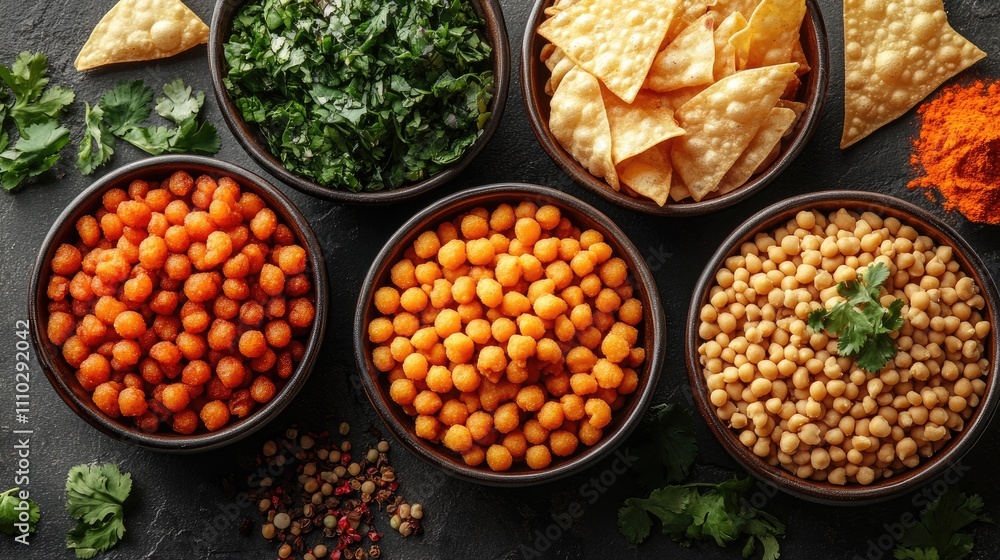 Assorted Indian snacks and namkeen in bowls on a textured dark background with fresh herbs and spices for a vibrant culinary display Assorted Indian snacks and namkeen in bowls on a textured dark background with fresh herbs and spices for a vibrant culinary display