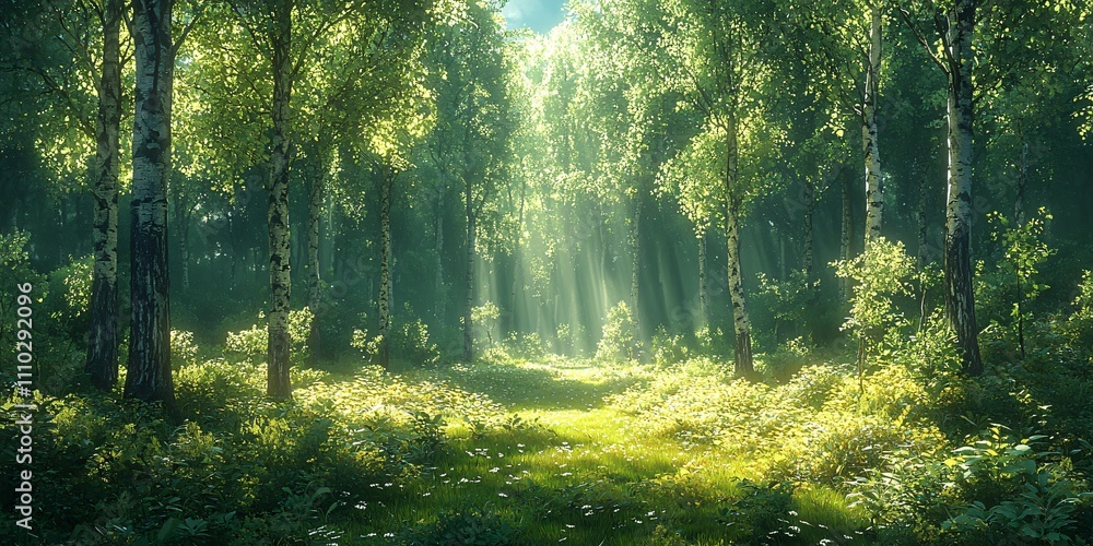 Fototapeta premium Sunlight filters through a tranquil green forest creating a serene atmosphere