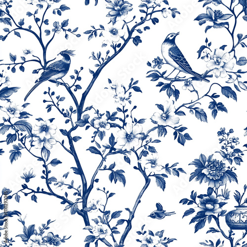 Blue and White Floral Bird Pattern  Chinoiserie Wallpaper Design