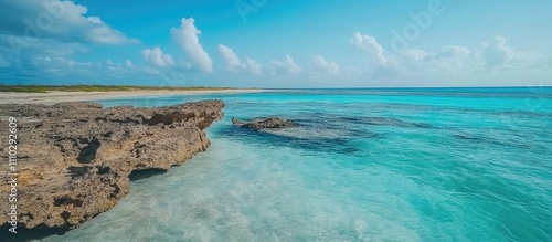 Tranquil tropical beach scene with turquoise waters and scenic rocky coastline on a sunny day ideal for vacation imagery. photo