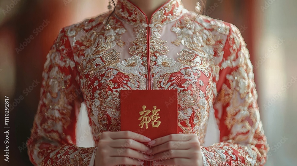 Beautiful woman holding a traditional red envelope in ornate attire Beautiful woman holding a traditional red envelope in ornate attire