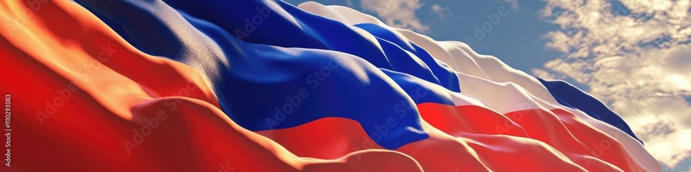 Naklejka premium Waving flag against blue sky.