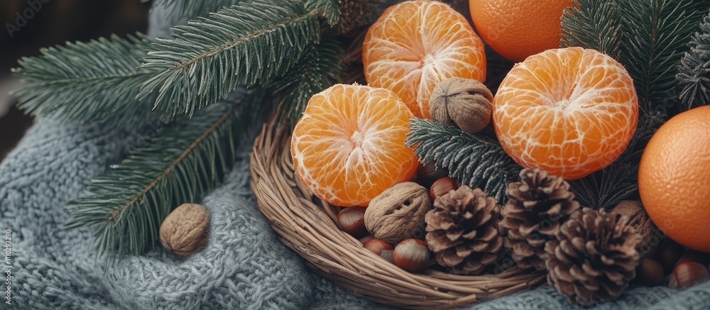 Tangerines pine cones and nuts arranged on a table with fir tree branches for a cozy festive decoration display Tangerines pine cones and nuts arranged on a table with fir tree branches for a cozy festive decoration display