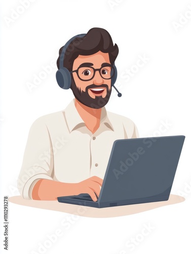 Indian business man speaking having virtual meeting on laptop. Professional remote online customer service support manager wearing headset talking consulting on video call at home office call center.