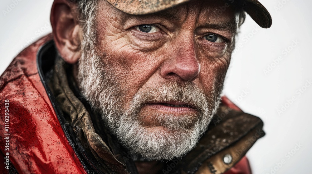 Weathered industrial worker in rugged attire displaying determination against a plain background showcasing labor and resilience. Weathered industrial worker in rugged attire displaying determination against a plain background showcasing labor and resilience.