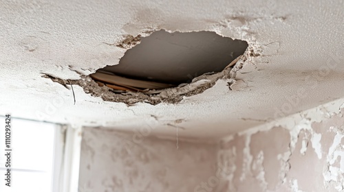 Damaged ceiling with a large hole revealing insulation and structure in a deteriorating interior space during home renovation.
