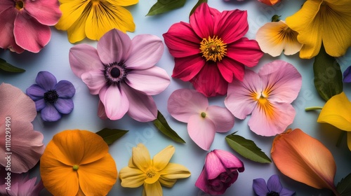 Colorful petals of different flowers arranged in a harmonious pattern, symbolizing natural diversity and beauty, minimalistic photography style