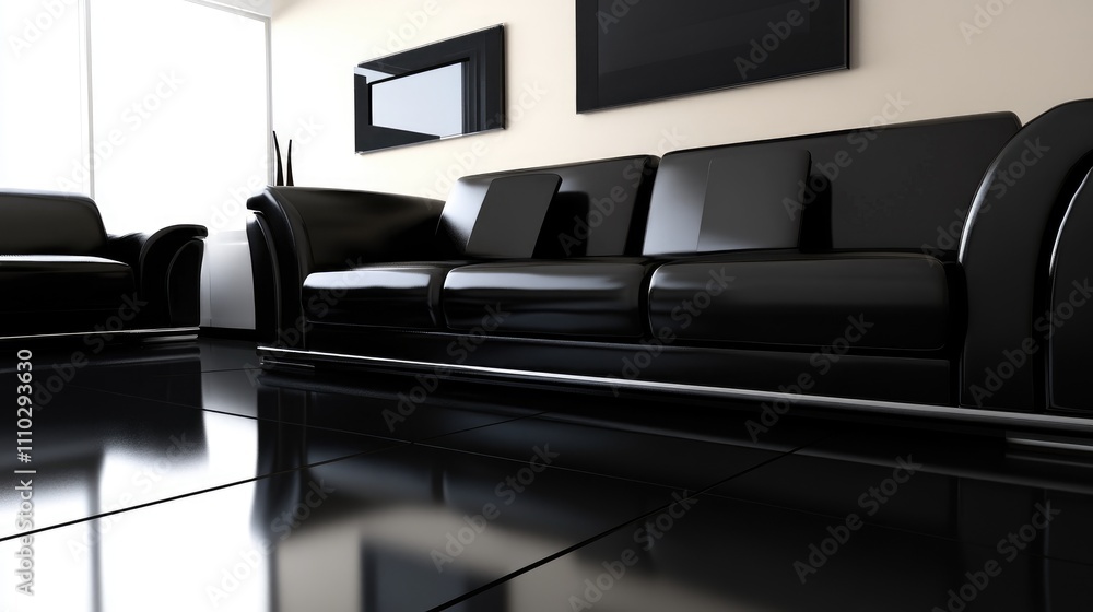 Fototapeta premium Modern living room interior featuring sleek black leather sofa and armchair with polished flooring and minimalistic decor