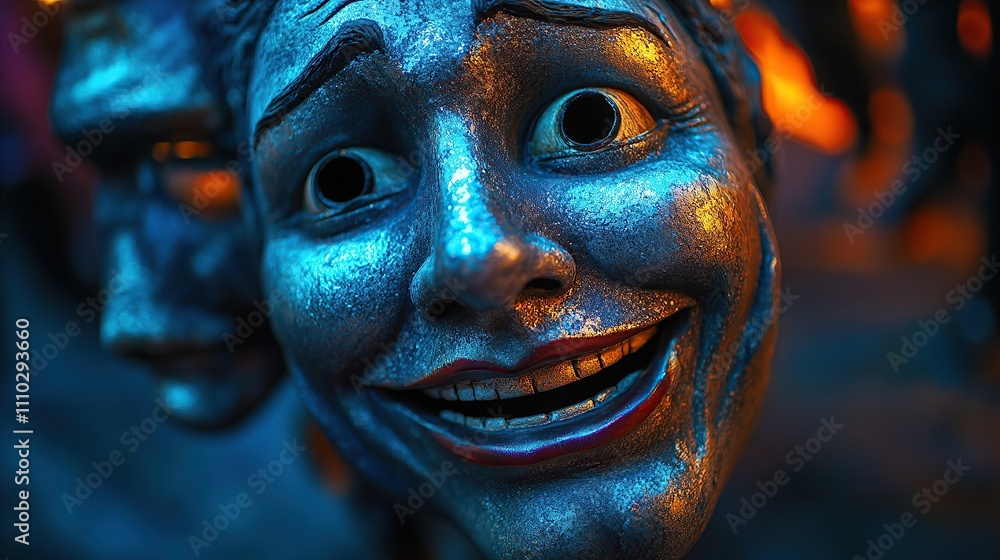 A close-up of a metallic mask with exaggerated features and a cheerful expression. A close-up of a metallic mask with exaggerated features and a cheerful expression.