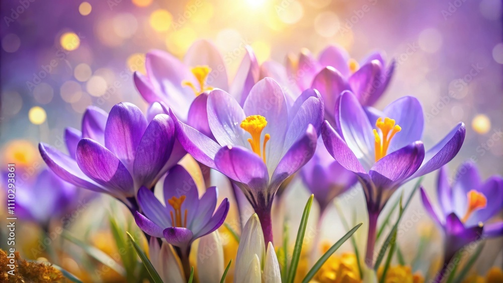 A cluster of vibrant purple crocuses basking in the warm glow of a golden sunrise, their delicate petals unfurling in a symphony of color and light. A cluster of vibrant purple crocuses basking in the warm glow of a golden sunrise, their delicate petals unfurling in a symphony of color and light.