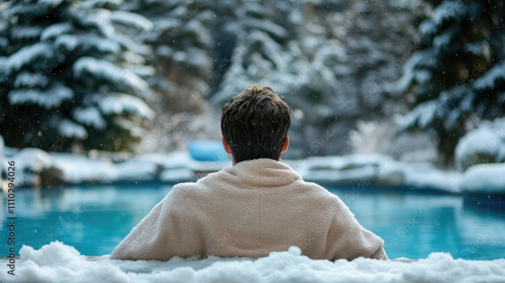 Man in bathrobe enjoying tranquility by snowy swimming pool during winter retreat with serene nature backdrop Man in bathrobe enjoying tranquility by snowy swimming pool during winter retreat with serene nature backdrop