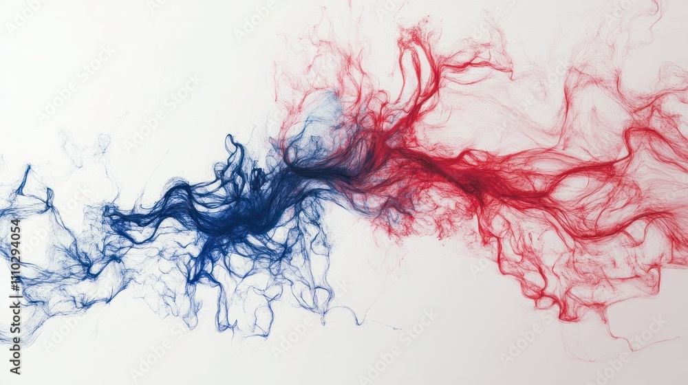 Minimalist representation of blood circulation, red and blue hues creating flowing lines on white Minimalist representation of blood circulation, red and blue hues creating flowing lines on white