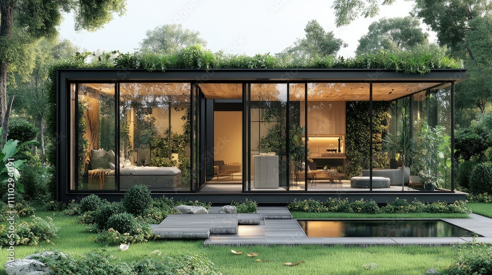 Modern glass house with green roof, surrounded by lush greenery and a small pond. Modern glass house with green roof, surrounded by lush greenery and a small pond.