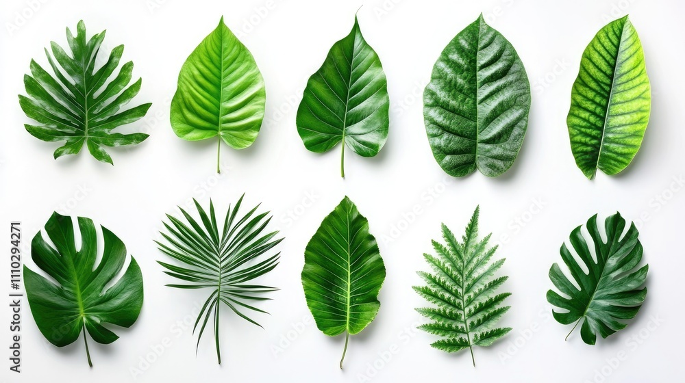 Assorted vibrant green leaves displayed on a clean white background, showcasing various shapes and textures, ideal for nature themes, botanical design, greenery, and decor. Assorted vibrant green leaves displayed on a clean white background, showcasing various shapes and textures, ideal for nature themes, botanical design, greenery, and decor.
