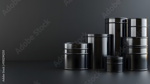 A series of glossy black steel barrels displayed in various arrangements against a solid black background, showcasing industrial and storage container designs. photo