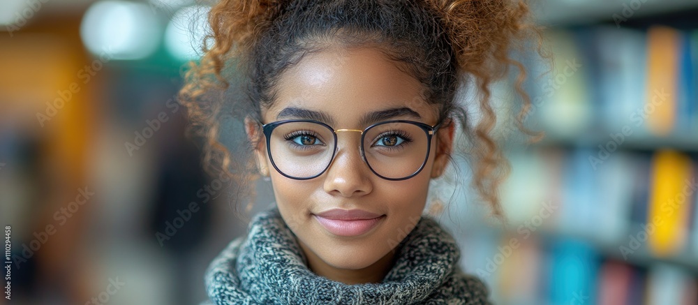 Cheerful young student in glasses smiling confidently while surrounded by books in a library setting Cheerful young student in glasses smiling confidently while surrounded by books in a library setting