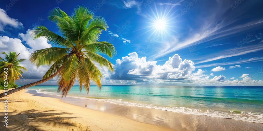 Palm Tree Overlooking a Pristine Tropical Beach with White Clouds and a Bright Blue Sky Palm Tree Overlooking a Pristine Tropical Beach with White Clouds and a Bright Blue Sky