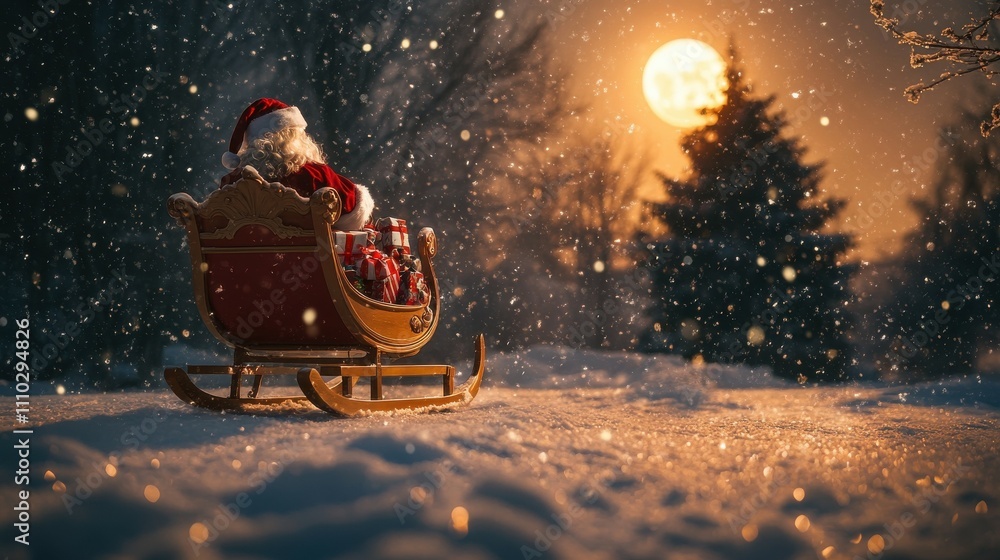 Fototapeta premium Santa's sleigh filled with gifts on snowy night, moon shining in the background