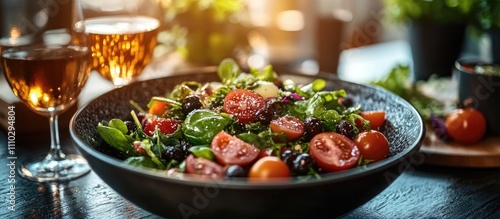 Woman savoring a fresh healthy salad outdoors at a vibrant restaurant setting with sunlight and drinks on the table.