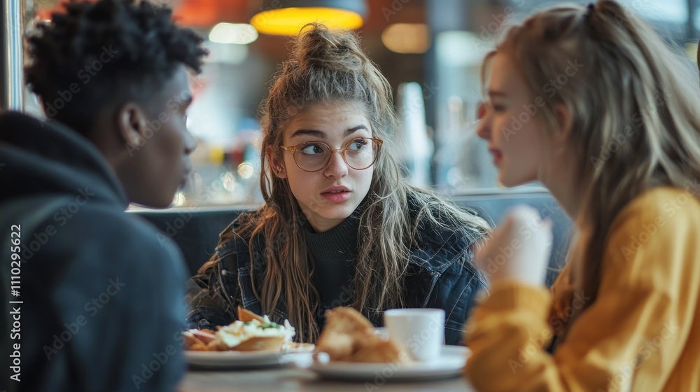 Teenagers of different ethnicities sitting at a café, sharing a meal and talking to each other. Teenagers of different ethnicities sitting at a café, sharing a meal and talking to each other.