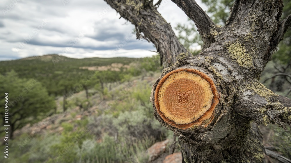Fototapeta premium Tree trunk cross-section showcasing age rings and natural history in a serene landscape setting with lush greenery and distant hills.
