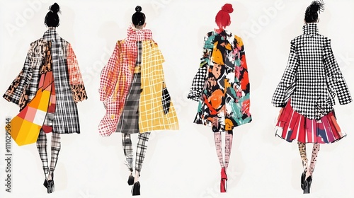 The illustration depicts four fashionably dressed women, each exuding a distinct personality, White background used for fashion clothing design.