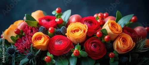 Vibrant festive bouquet featuring colorful roses and seasonal berries for elegant decor and celebration settings