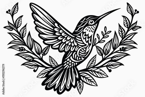 decorative hummingbird design with fine details, plants around C.eps