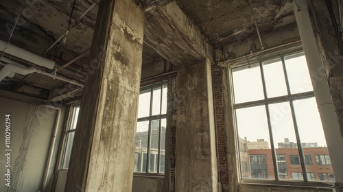Wallpaper Mural Industrial-style space featuring a water piping system installation against a weathered concrete ceiling, with large windows allowing natural light, architecture, renovation, urban interior. Torontodigital.ca